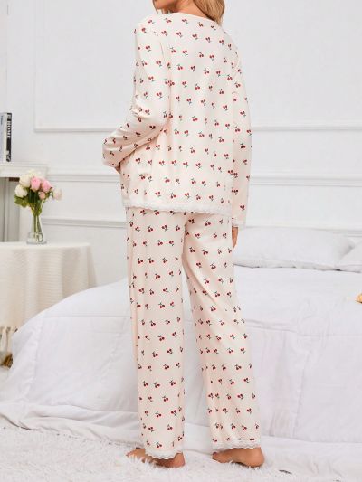 Maternity Cherry Print Long Sleeve Top And Pants Pajama Set