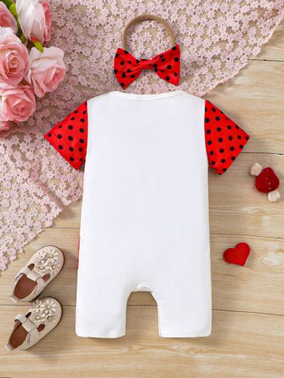 Baby Girl Cartoon Printed Short Sleeve Romper With Round Neck