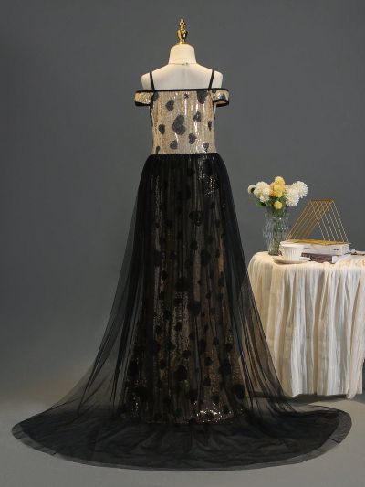 Girls' Maxi Sequined Heart Mesh Dress, Perfect For Performance, Wedding, Party