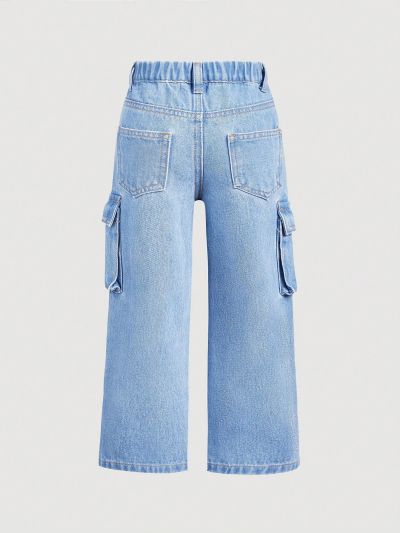 SHEIN Young Girls' Casual Fashionable Straight-Leg Jeans With Washed Finish And Side Pockets
