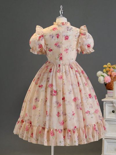 Tween Girls' Vintage Floral Print Soft Wind Long Dress, Suitable For Performance, Wedding, Party Birthday