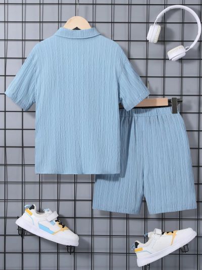 SHEIN Teenage Boys' Casual Short Sleeve Shirt And Shorts Two Piece Set, Suitable For Summer