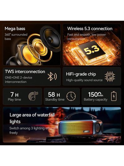 Remax Wireless Portable Outdoor Speaker,2-speaker interconnection for 3D surround sound,Waterfall light Mode,BT/AUX/USB/FM Play Modes,Colorful RGB,HiFi Playback,7H Play Time,Suitable For Travel, Camping, Party,FCC&CE Certification,Black