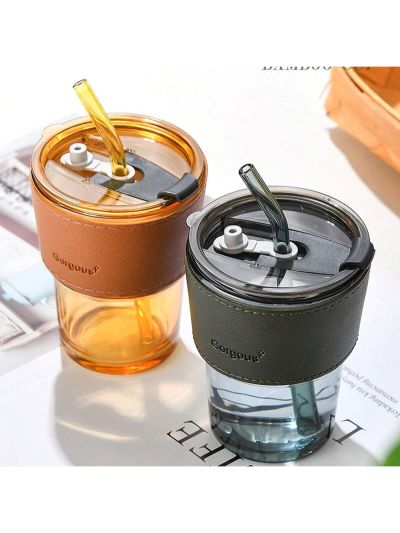 1pc 400ml Large Capacity Glass Coffee Cup With Straw & Pu Insulated Sleeve, Suitable For Home, Office, Couples And Female Gift Of Beverage, Juice And Milk Tea