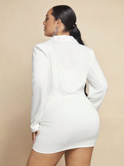 SHEIN BAE Plus Size Women's Cropped Blazer Jacket With Rhinestone Embellishments