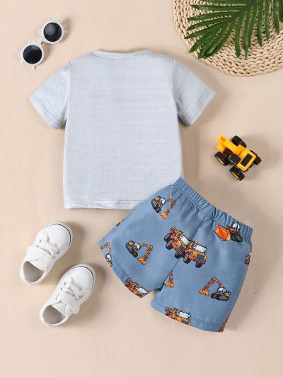 Baby Boys' Cartoon Digger Print Short Sleeve T-shirt And Shorts Set