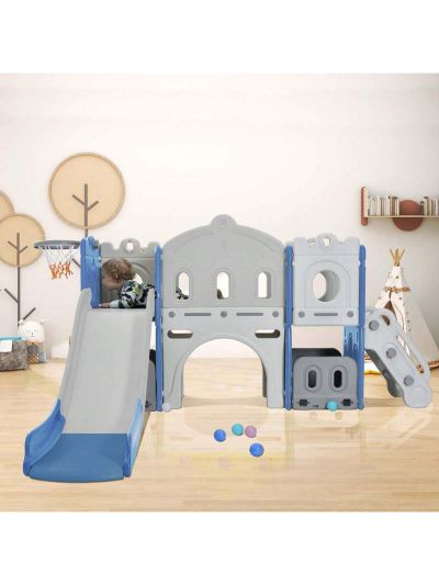 Merax Kids Slide Playset Structure, Freestanding Castle Climber with Slide and Basketball Hoop, Toy Storage Organizer for Toddlers, Kids Climbers Playhouse for Indoor Outdoor Playground Activity