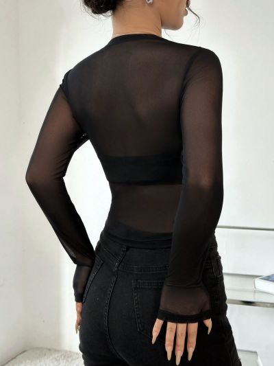 SHEIN ICON Mesh Patchwork Long Sleeve Slim Fit Top