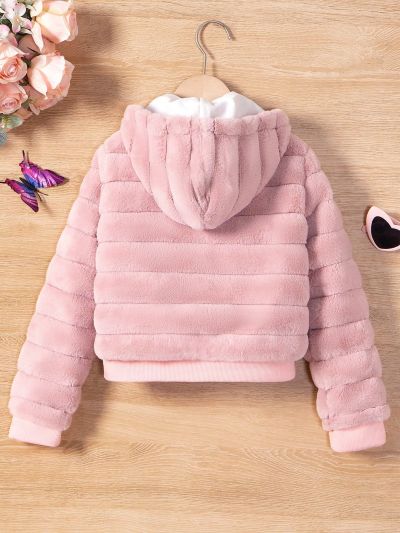 Tween Girl 1pc Zipper Hooded Fuzzy Coat