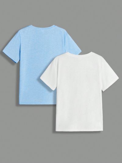 SHEIN Kids EVRYDAY Boys' Fashionable Casual T-Shirt With Letter Print And Color Block Design, Round Neck