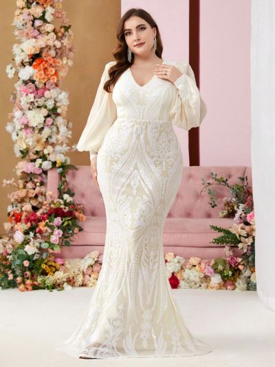 SHEIN Belle Plus Size Embroidered Beaded Dress With Bubble Sleeves And Fish Tail Hemline For Evening Party
