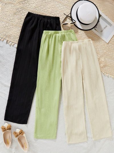 3pcs/set Teen Girls' Long Elastic Waist Straight Leg Pants For Casual Wear, Spring And Summer