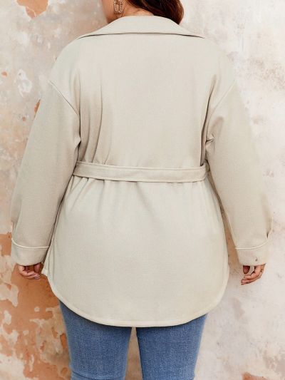 SHEIN Frenchy Plus Size Solid Color Faux Pocket Drop Shoulder Woolen Coat