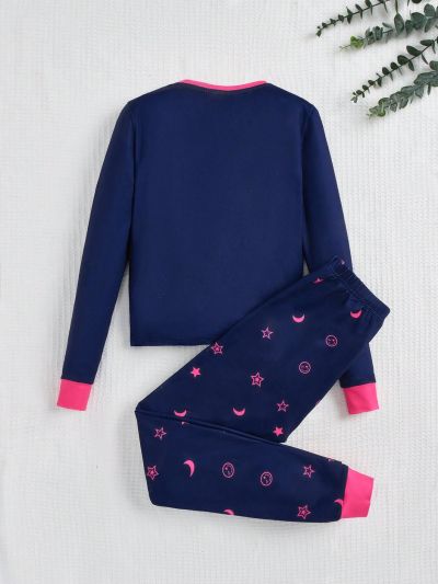 SHEIN Girls' Casual Unicorn Pattern Knitted Round Neck Long Sleeve Pajamas Set For Daily Wear