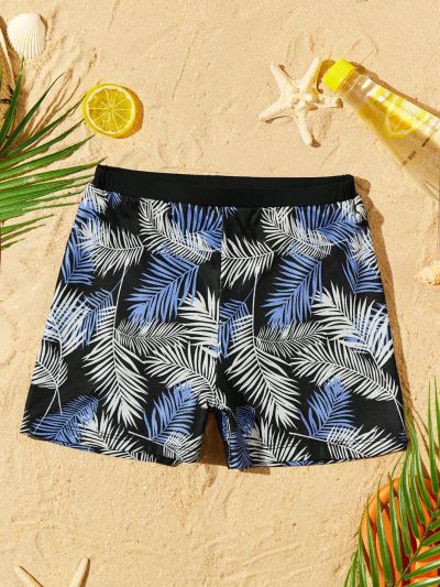 SHEIN Tween Boys' Casual Tight Knit Swimsuit With Plant Print