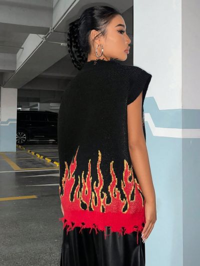 SHEIN Coolane Women's Sleeveless Sweater Vest With Letter And Flame Pattern