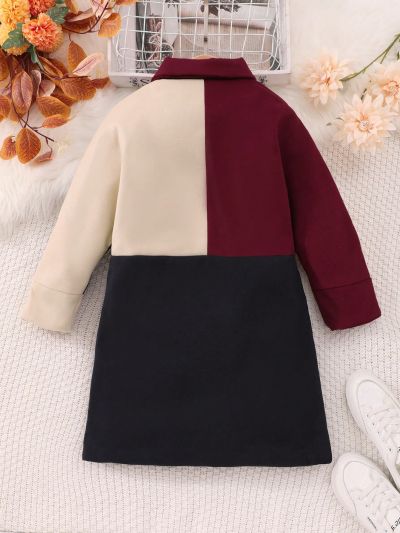 Tween Girl 1pc Color Block Flap Pocket Overcoat