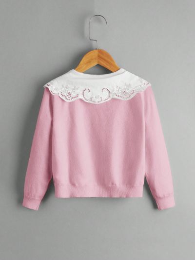 SHEIN Kids CHARMNG Young Girl's Color Blocking Embroidered Panel Long-Sleeved Cardigan