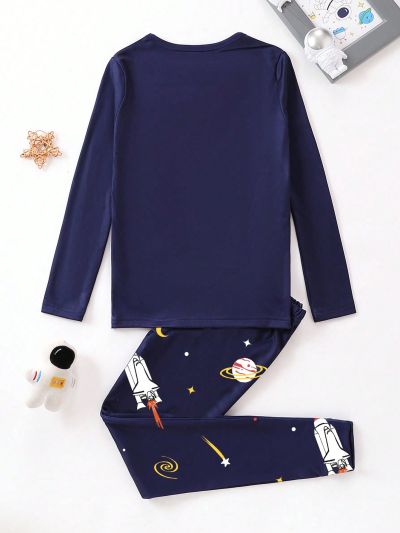 SHEIN Teen Boys' Slim Fit Rocket & Space Digital Printed Long Sleeve Top And Pants Homewear Set, Suitable For Spring, Autumn And Summer