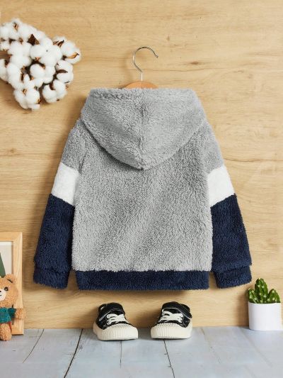 SHEIN Baby Boys' Thick Color Block Hooded Sweatshirt With Letter Print