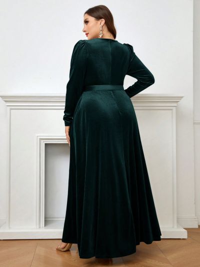 SHEIN Belle Plus Size Women's Bubble Sleeve Party Dress With Waist Belt (heavy Industry Style)