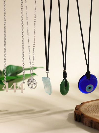 Women's Set Of 5 Creative Fashionable Healing Crystal Pendants. Retro Circular Tree, Irregular Crystal, Hamsa Hand Necklace. Bohemian Style Jewelry Set