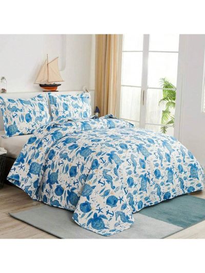 3Pcs Summer Beach Bedspreads Set King Queen Twin Size Lightweight Coastal Ocean Theme Quilts Seashell Conch Coverlet Sets Starfish Seahorse Seaweed Printed Bedding Pillow Shams