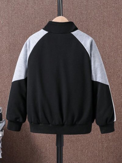 SHEIN Tween Boys' Contrast Color Letter Print Fleece Jacket