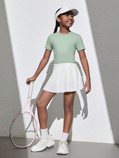 SHEIN Tween Girls' Solid Color Backless Cross Hollow Out Sports T-Shirt