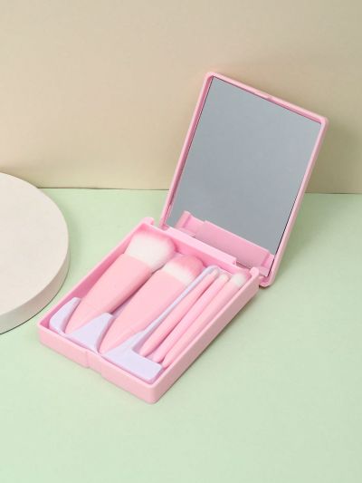 Reh Arte Makeup Brush Set Portable With Mirror Multifunctional Set Of 5 Brushes For Loose Powder, Blush, Foundation, Eyeshadow