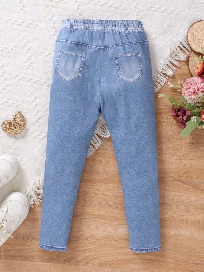 SHEIN Kids KDOMO Young Girl Heart & Slogan Graphic Ripped Denim Effect Print Pants