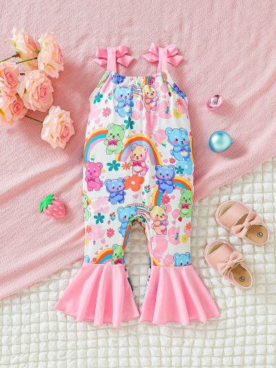 Baby Girl Multicolor Cute Bear Design Jumpsuit With Footies And Bowknot Shoulder Straps