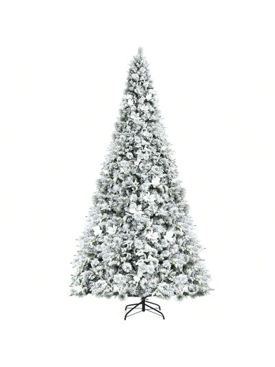 Costway 8ft Snow Flocked Hinged Christmas Tree w/ Berries & Poinsettia Flowers