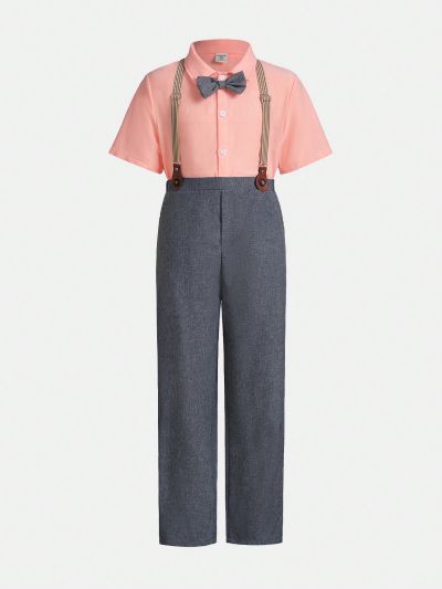 SHEIN Kids FANZEY Elegant Fit-Fitting Shirt With Tie And Removable Overalls For Tween Boys Two-Piece Suit