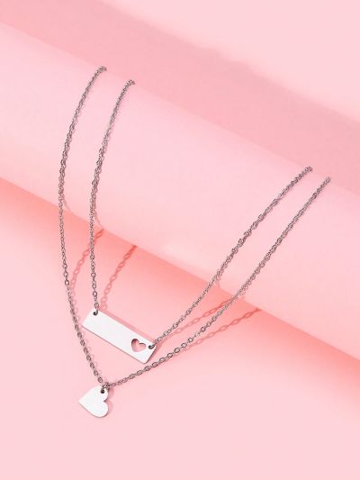 2pcs/set Stainless Steel Matching Heart-shaped & Rectangle-shaped Pendant Mother & Daughter Necklaces With Printed Message & Gift Card, Perfect For Thanksgiving Present