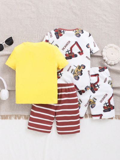 SHEIN 4pcs Young Boys' Cute Car Pattern, Letter, Stripe And Print Round Neck Tee And Shorts Set, Snug Fit Home Outfits For Comfortable And All-Day Wear In Spring And Summer
