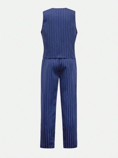 SHEIN Kids FANZEY Tween Boys' Double-Breasted Striped Vest And Suit Pants Gentleman Dress Suit