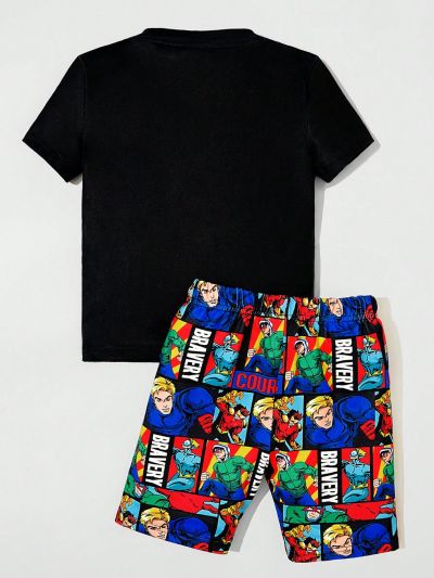 SHEIN Young Boy Cartoon Print Pajama Set, Short Sleeve Round Neck Slim Fit Top And Shorts Homewear Set