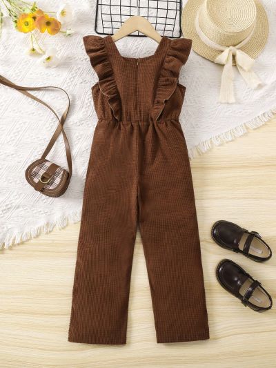 SHEIN Kids EVRYDAY Young Girl Ruffle Trim Square Neck Ruffle Trim Jumpsuit
