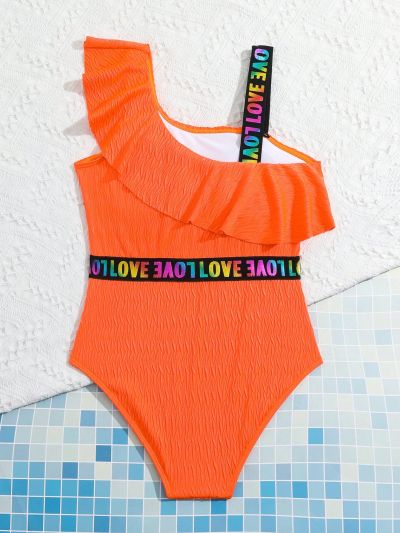 Tween Girls One-Piece Bathing Suit With Ruffled Edges, Decorative Letters And Woven Tape