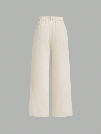SHEIN Kids HYPEME Teenage Girls' Casual Solid Color Wide-Leg Straight Pants With Woven Textured Fabric For Street Style