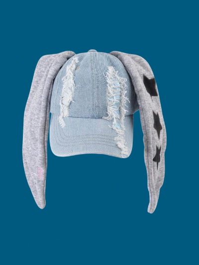 1pc Long Rabbit Ear Denim Baseball Cap, Street Style Hat With Graffiti, Millennium, Sweet & Spicy, Vintage, Distressed, Holes, Duckbill, Harbor Wind, Dance Fashion