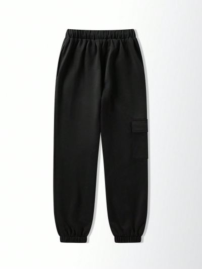 Women's Black Sweatpants With Letter Print And Elastic Cuffs