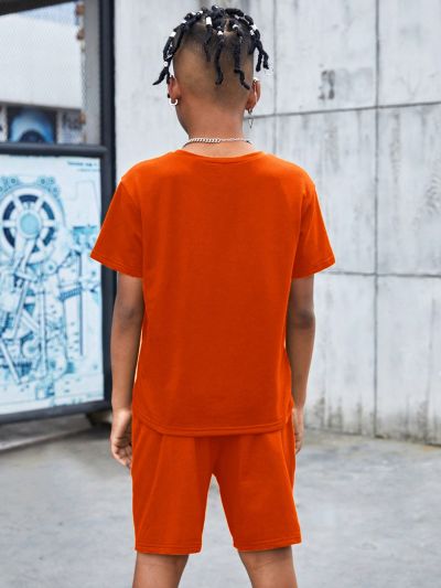 SHEIN Kids Cooltwn Tween Boys' Casual And Comfortable Cartoon Printed T-Shirt And Shorts Sports Set