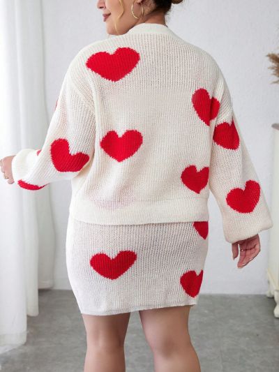 SHEIN Privé Plus Heart Pattern Drop Shoulder Duster Cardigan & Knit Skirt