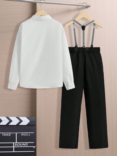 SHEIN Kids FANZEY Big Boys' Solid Color Long Sleeve Shirt And Suspenders Pants Gentleman Suit
