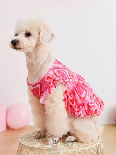 PETSIN 1pc Valentine's Day Pink Heart Printed Pet Dress With Puffy Sleeves, For Princess