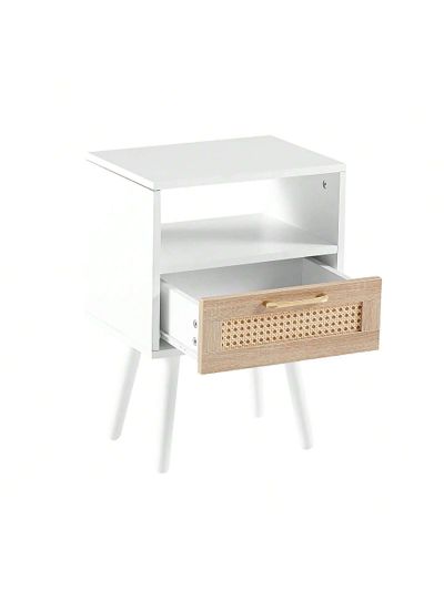 Solid Wood+MDF 15.75" Rattan End table with Power Outlet & USB Ports , Modern nightstand with drawer and solid wood