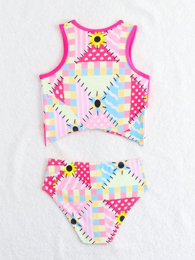 Young Girls' Checkered Print Halter Neck Bikini Set