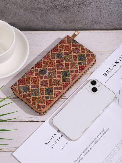 Multicolored Stylish & Multifunctional Wood Grain Geometric Wallet With Multiple Card Slots And Retro Personality